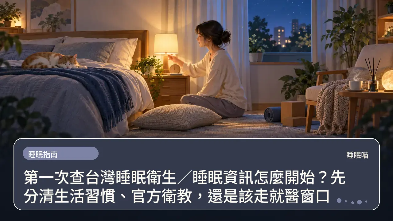 第一次查台灣睡眠衛生/睡眠資訊怎麼開始?先分清生活習慣、官方衛教,還是該走就醫窗口主題插畫