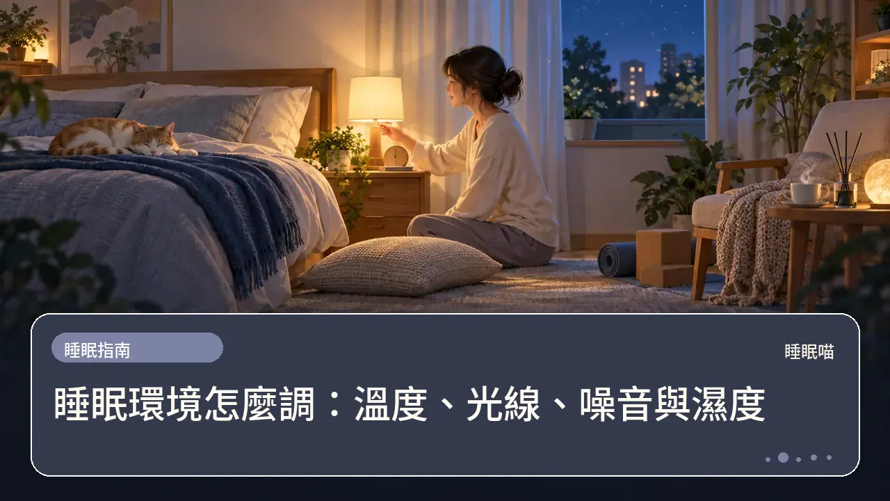 睡眠環境怎麼調:溫度、光線、噪音與濕度主題插畫