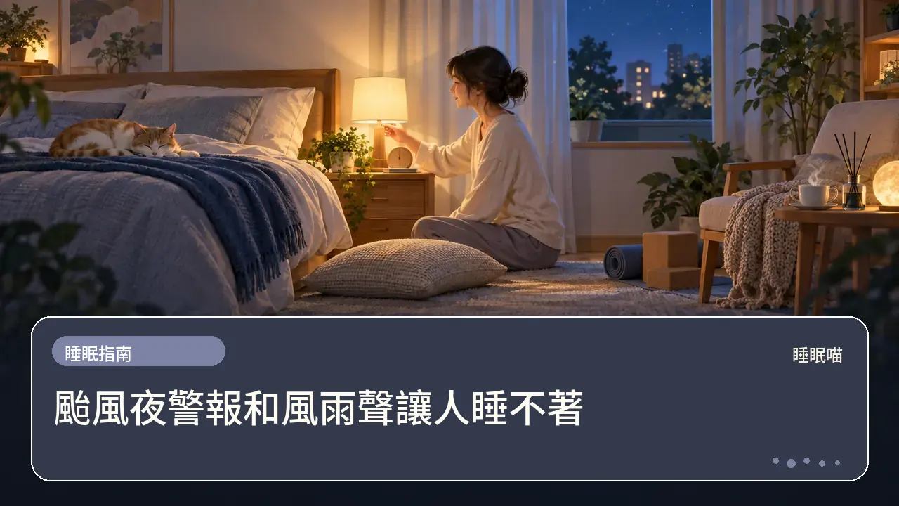 颱風夜警報和風雨聲讓人睡不著主題插畫